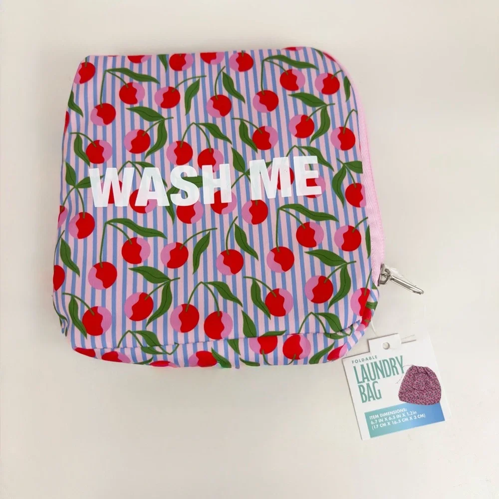 Foldable Zip Pouch Travel Cherry Blue Pinstripes Wash Me Laundry Bag New NWT